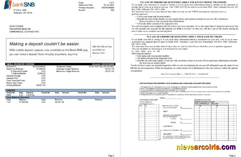 USA Oklahoma SNB bank statement 2 pages